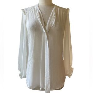 Max Studio Top Womens Small White Crinkle Smocked Ruffle Peasant Sleeve blouse